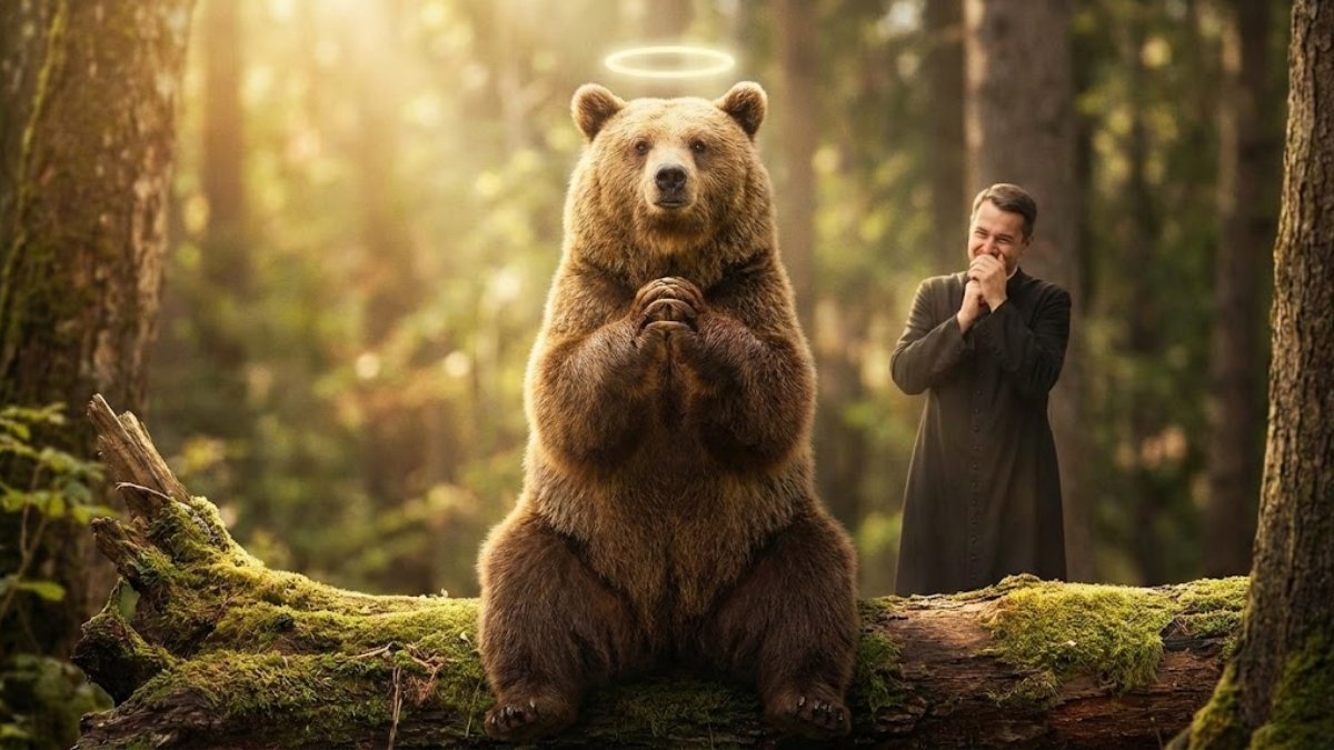 Ours brun avec une auréole, pattes jointes en prière dans une forêt, sous le regard hilare d'un prêtre en soutane. Illustration d'humour chrétien sur la foi.