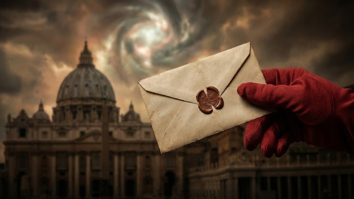 Main gantée de rouge tenant une enveloppe scellée devant la basilique Saint-Pierre du Vatican sous un ciel d'orage, illustrant le mystère du troisième secret de Fatima.