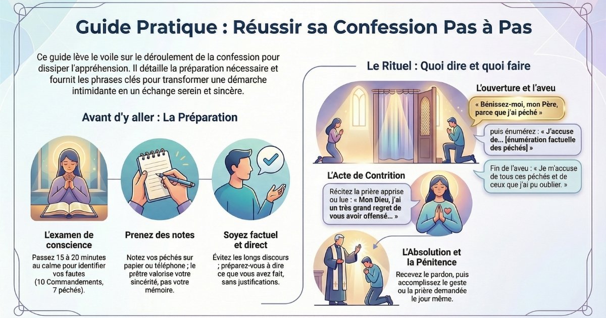 Infographie pédagogique présentant les étapes de la confession catholique, de l'examen de conscience à l'absolution, avec les phrases rituelles à prononcer.