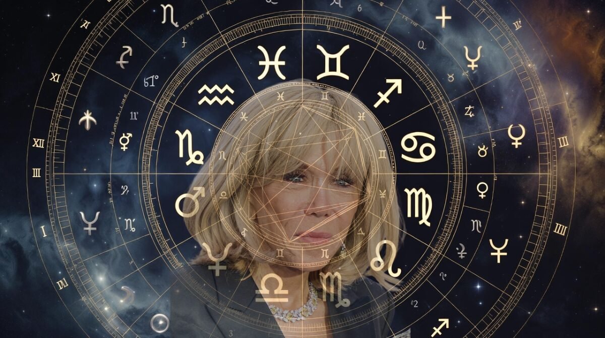 Illustration du thème astral de Brigitte Macron avec une roue zodiacale et des symboles astrologiques superposés à son portrait sur un fond de galaxie étoilée.