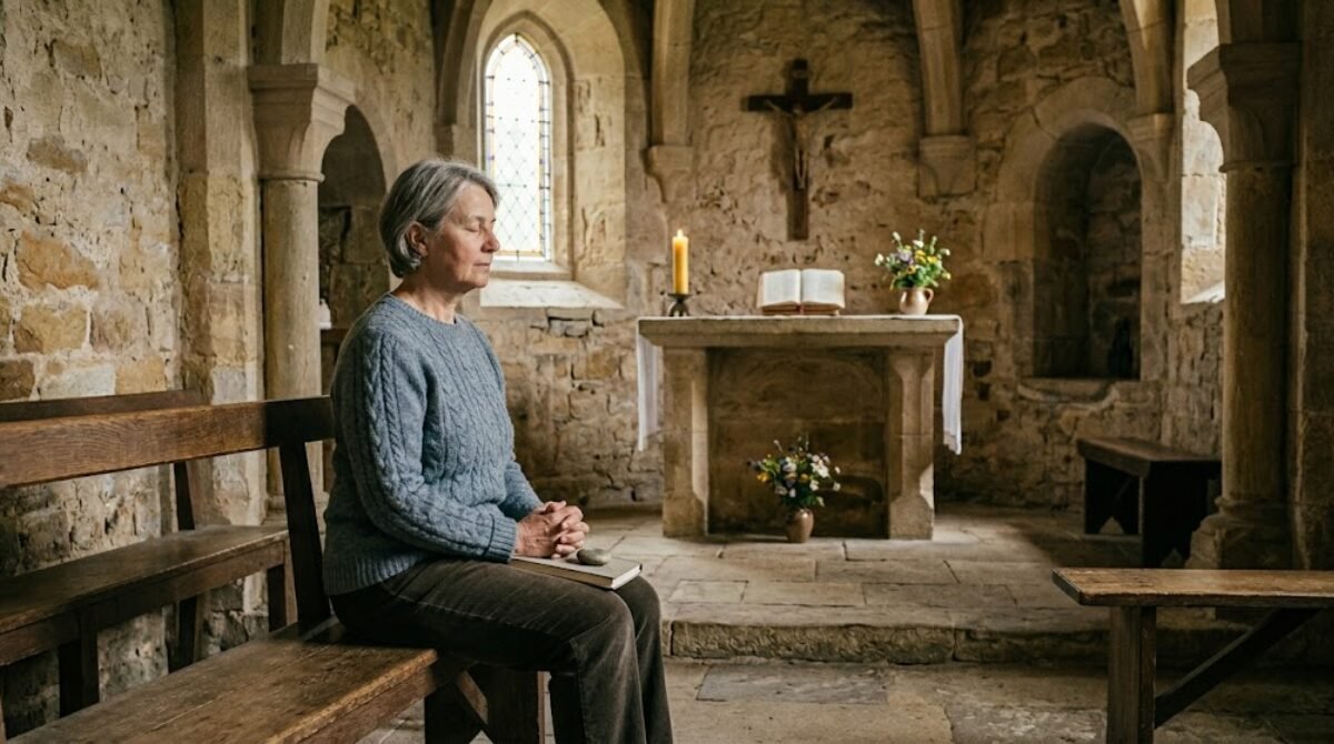 Femme laïque en pull bleu méditant dans une chapelle en pierre ancienne pour illustrer une retraite silencieuse en France ou en Belgique.