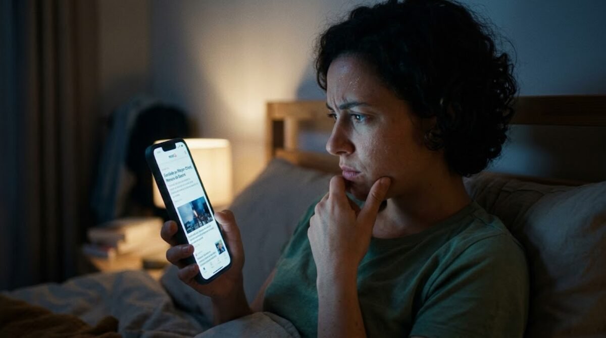 Une femme anxieuse regarde son smartphone dans le noir au lit, illustrant le phénomène de "doomscrolling" et l'angoisse face à l'actualité de guerre évoqués dans l'article.
