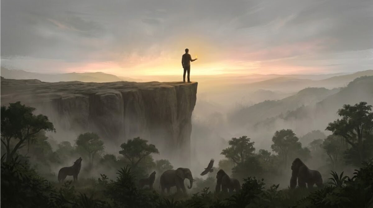 Homme seul sur une falaise tenant une petite flamme, surplombant des animaux dans la brume, symbolisant la conscience humaine face au règne animal.