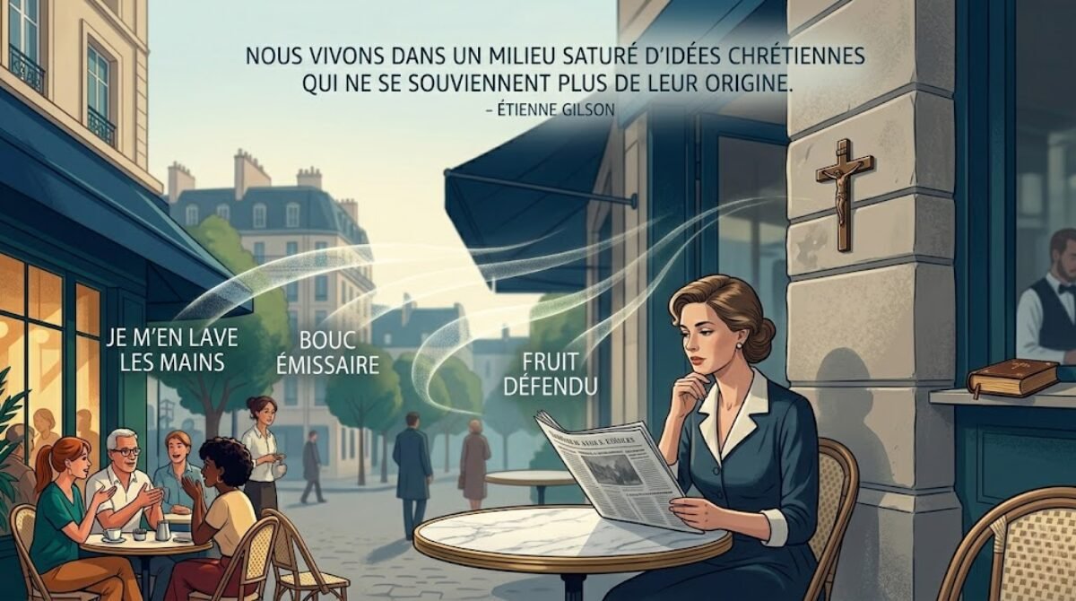 Illustration d'une terrasse de café où les conversations quotidiennes révèlent l'influence invisible de la Bible sur le langage.