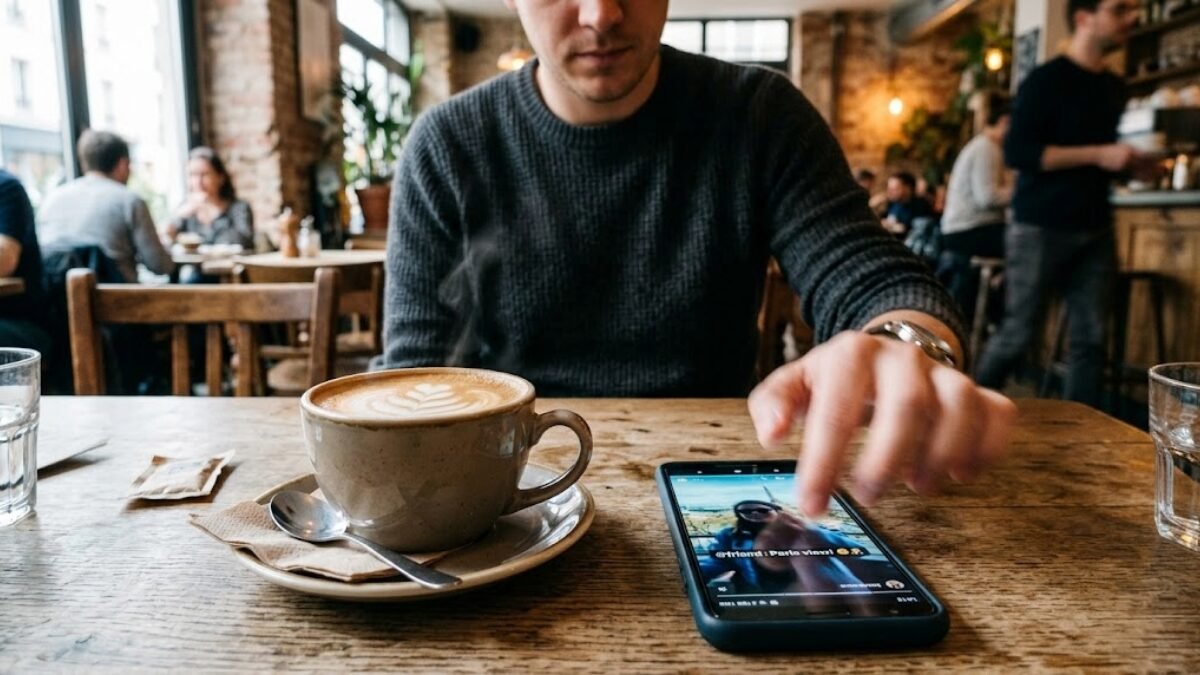 Homme attablé dans un café qui scrolle une story Instagram, illustrant les péchés ordinaires du quotidien comme l'envie et la comparaison sociale