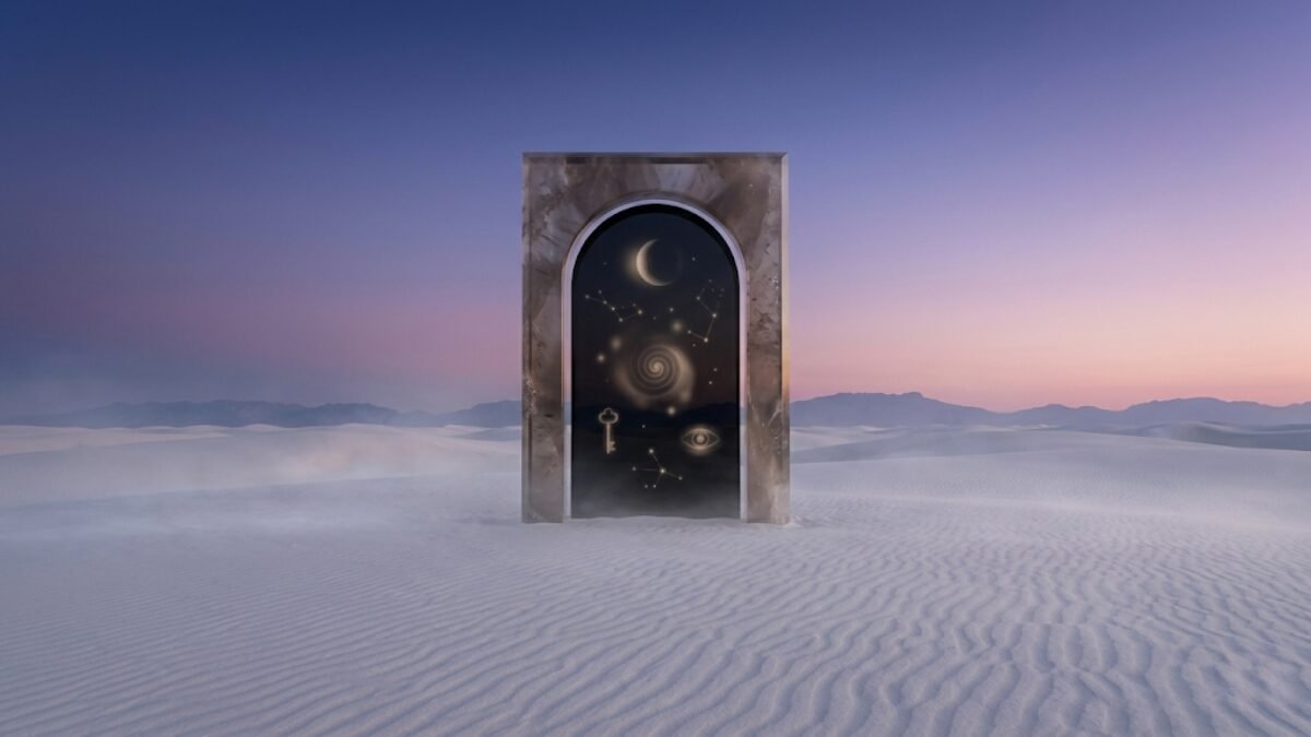 Un portail en pierre autoportant dressé au milieu d'un désert de dunes de sable blanc sous un ciel crépusculaire dégradé de rose et de violet. L'intérieur de l'arche contient un ciel nocturne étoilé et sombre, orné de constellations, d'un croissant de lune, d'une galaxie spirale, d'une clé ancienne et d'un œil.
