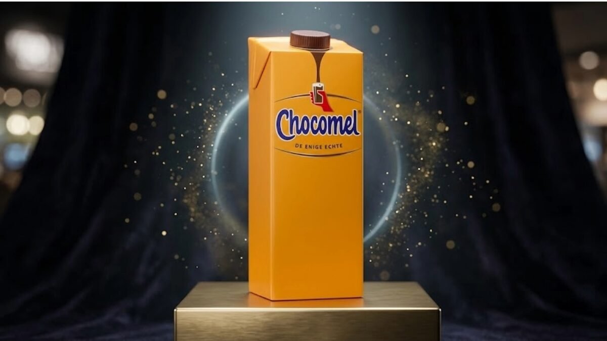 Une brique de lait chocolaté Chocomel jaune vif posée en évidence sur un socle doré brillant, au centre de l'image. Le produit est mis en valeur de manière théâtrale sur un fond sombre de rideaux en velours noir, entouré d'un halo lumineux bleuté et d'une pluie de paillettes dorées scintillantes.