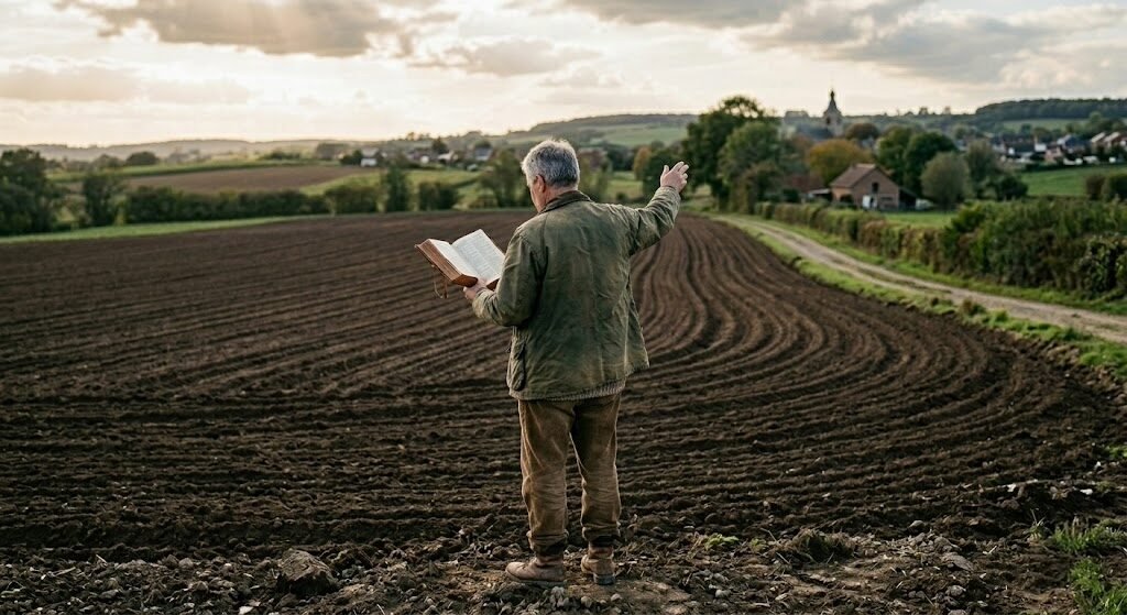 Vue de dos d’un homme d’âge mûr en vêtements de tous les jours (veste et pantalon de travail marron), debout face à un grand champ de terre labourée. De sa main gauche, il tient une bible ouverte qu’il est en train de lire, tandis que son bras droit est levé, la main ouverte en geste de bénédiction vers le paysage de campagne et le village à l'horizon sous un ciel nuageux.