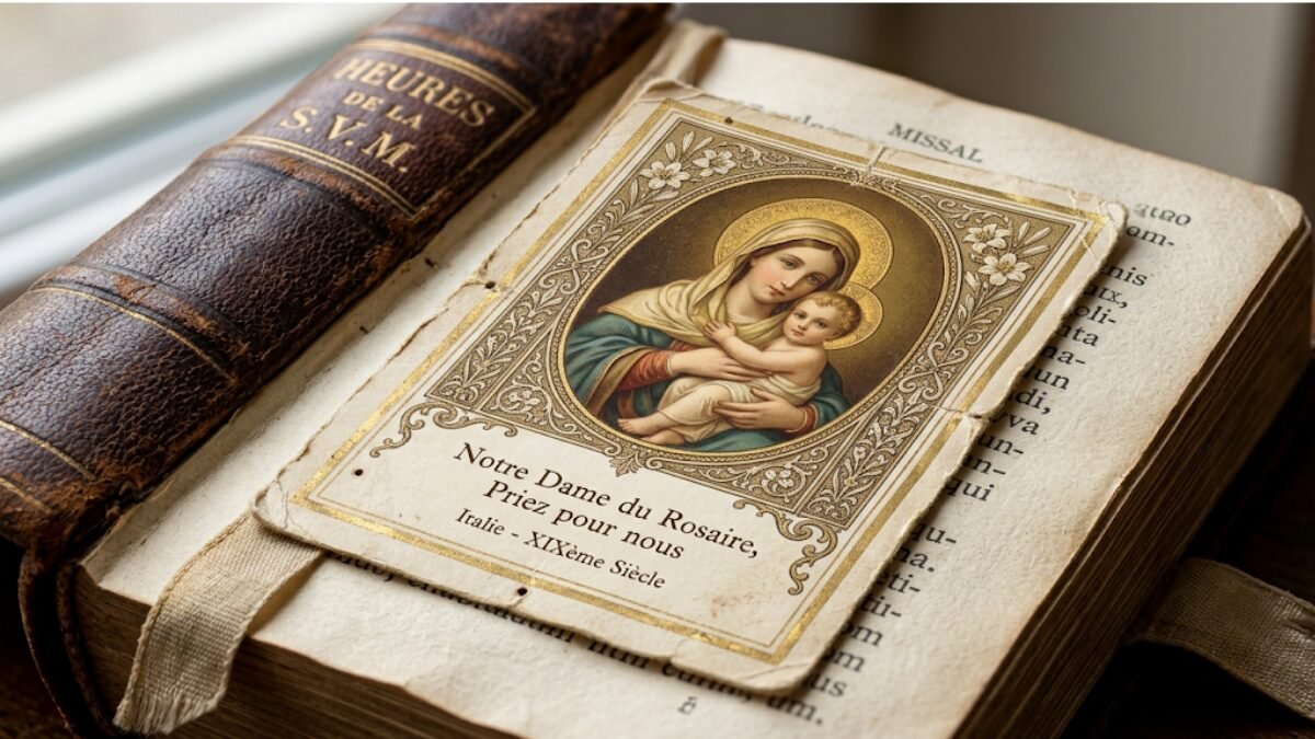 Une image pieuse ancienne représentant la Vierge à l'Enfant sert de marque-page dans un vieux missel ouvert. La carte illustrée porte l'inscription « Notre Dame du Rosaire, Priez pour nous ».
