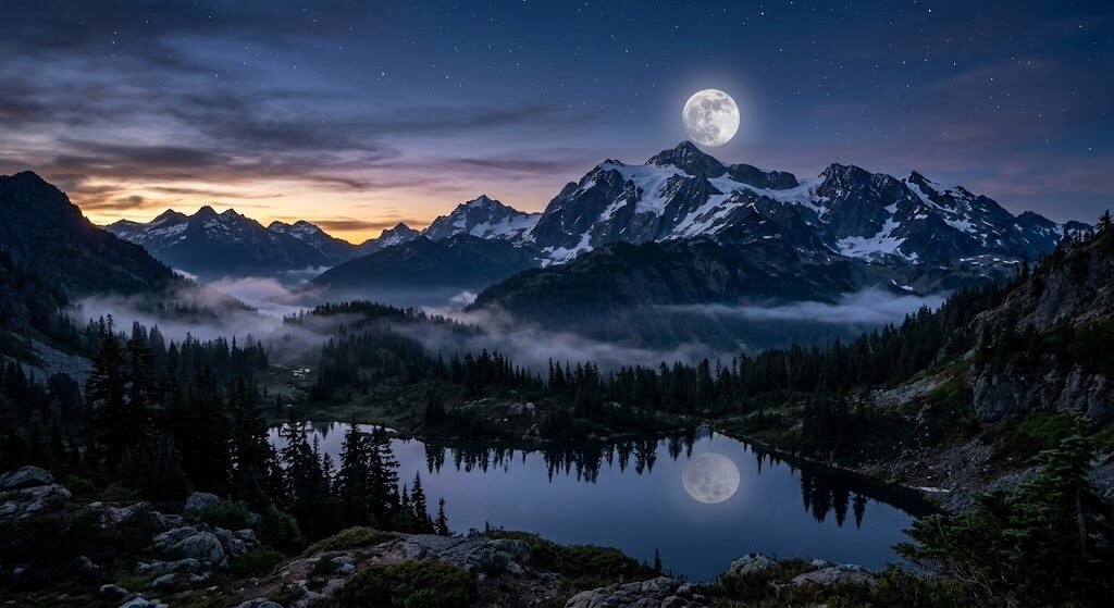 Un paysage de montagne nocturne majestueux. Une grande pleine lune brillante est suspendue juste au-dessus d'une chaîne de pics enneigés escarpés, avec son reflet détaillé sur un lac calme au premier plan. De la brume de vallée flotte parmi les forêts de conifères sous un ciel étoilé avec une lueur résiduelle de coucher de soleil à l'horizon.